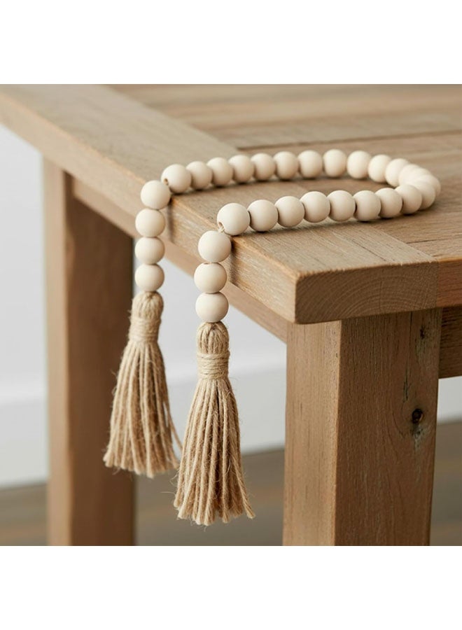 خرز خشبي مزين بشرابات، خرز طاولة، مسبحة صلاة خشبية طبيعية، ديكور جداري ريفي بوهيمي، ديكور طاولة ريفي بوهيمي، ديكور منزلي احتفالي - Image 3